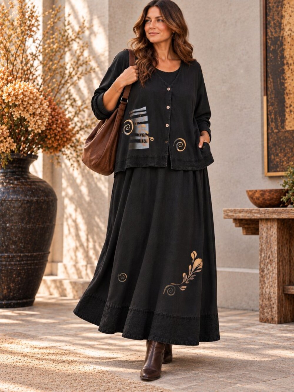 Fenini Black Cotton Attached Jacket Maxi Dress 3X Lagenlook Art to Wear USA EUC